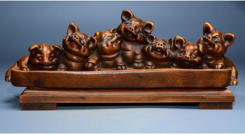 LimpaC Boxwood Seven Pig Statues Handcrafted Decor