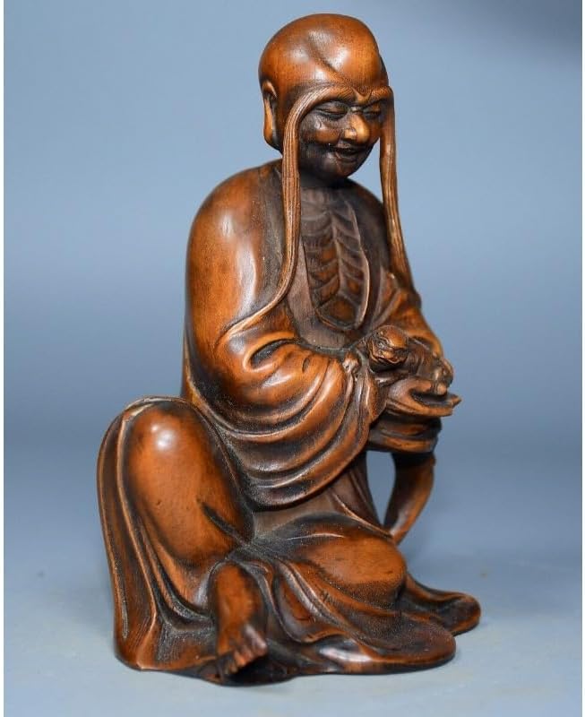 Handcrafted Boxwood Priest Hold Beast Statue Decor