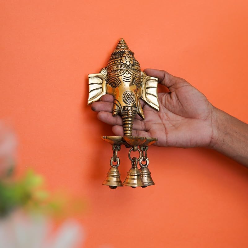 Statuestudio Brass Ganesha Diya Wall Hanging with Bells