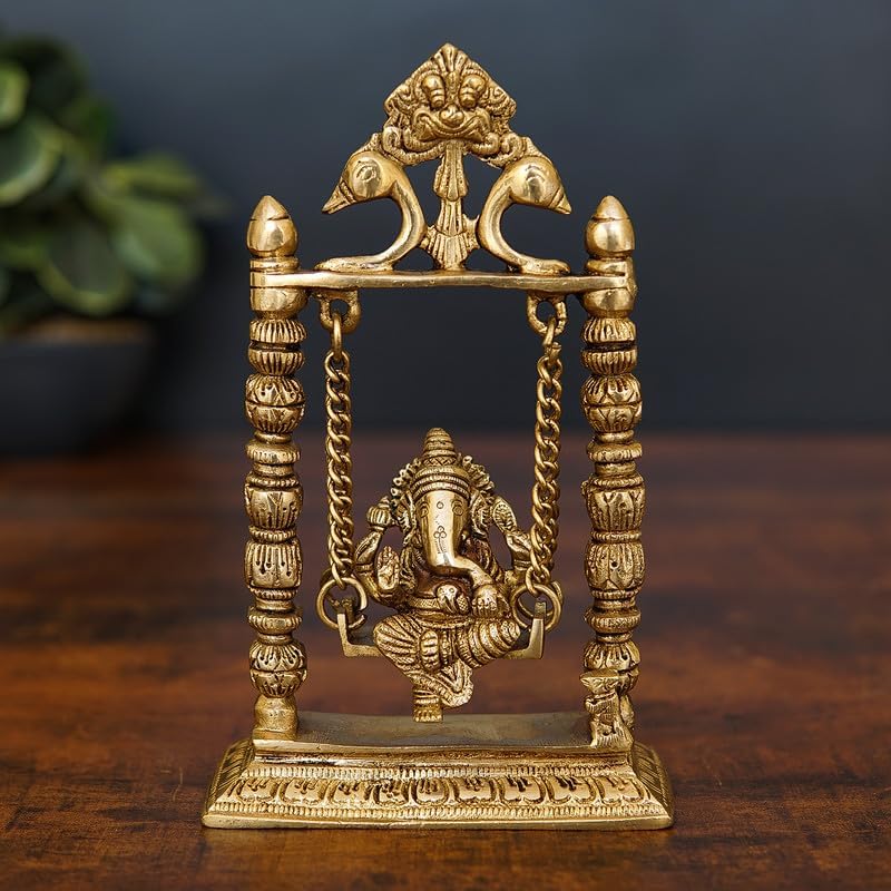 Statuestudio Brass Ganesha Idol On Jhula Swing Decor