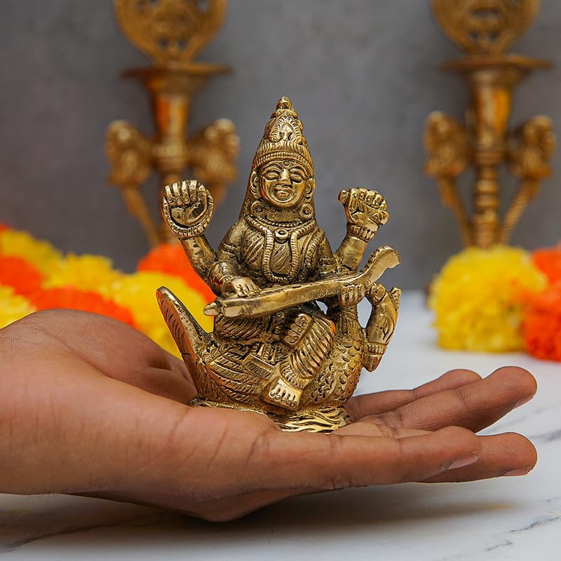 Statuestudio Brass Sitting Saraswati Statue - 4 Inch