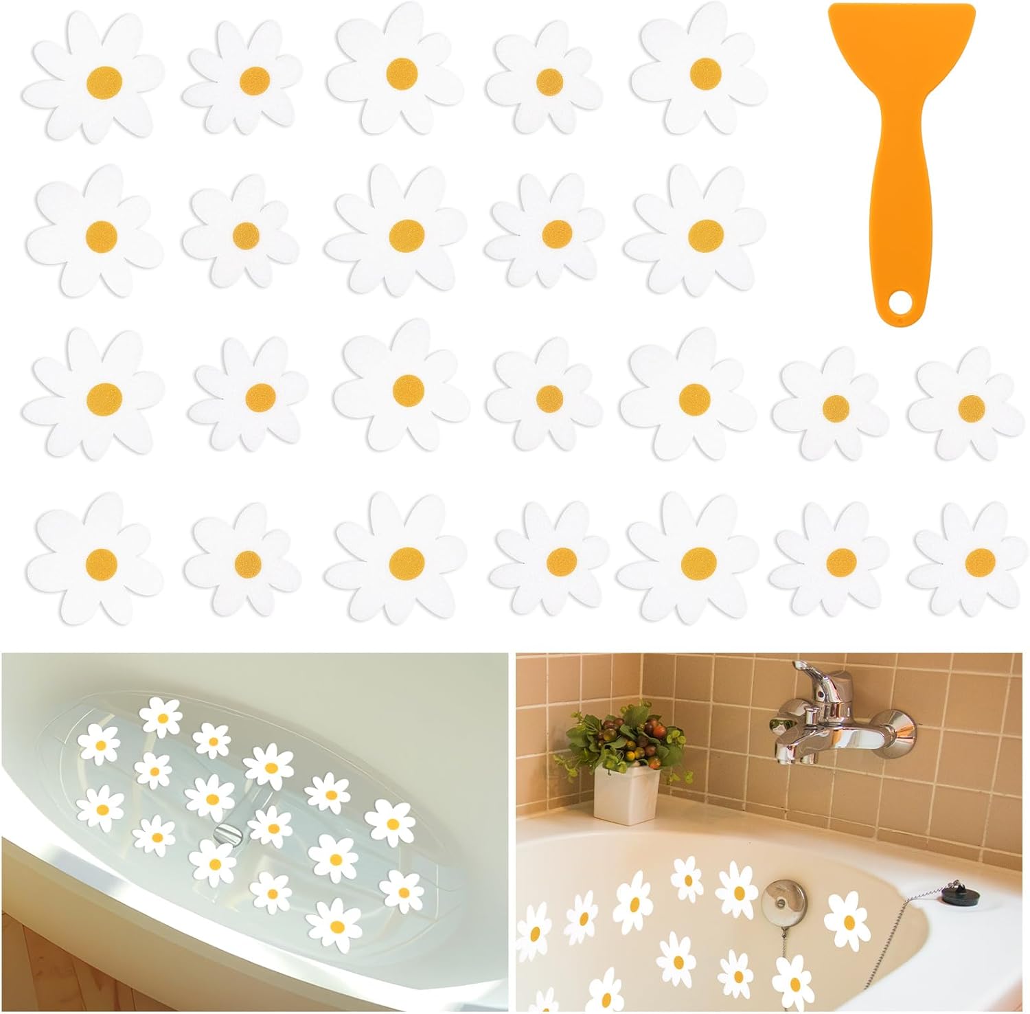 24Pcs White Daisy Non Slip Bathtub Sticker with Scraper 1