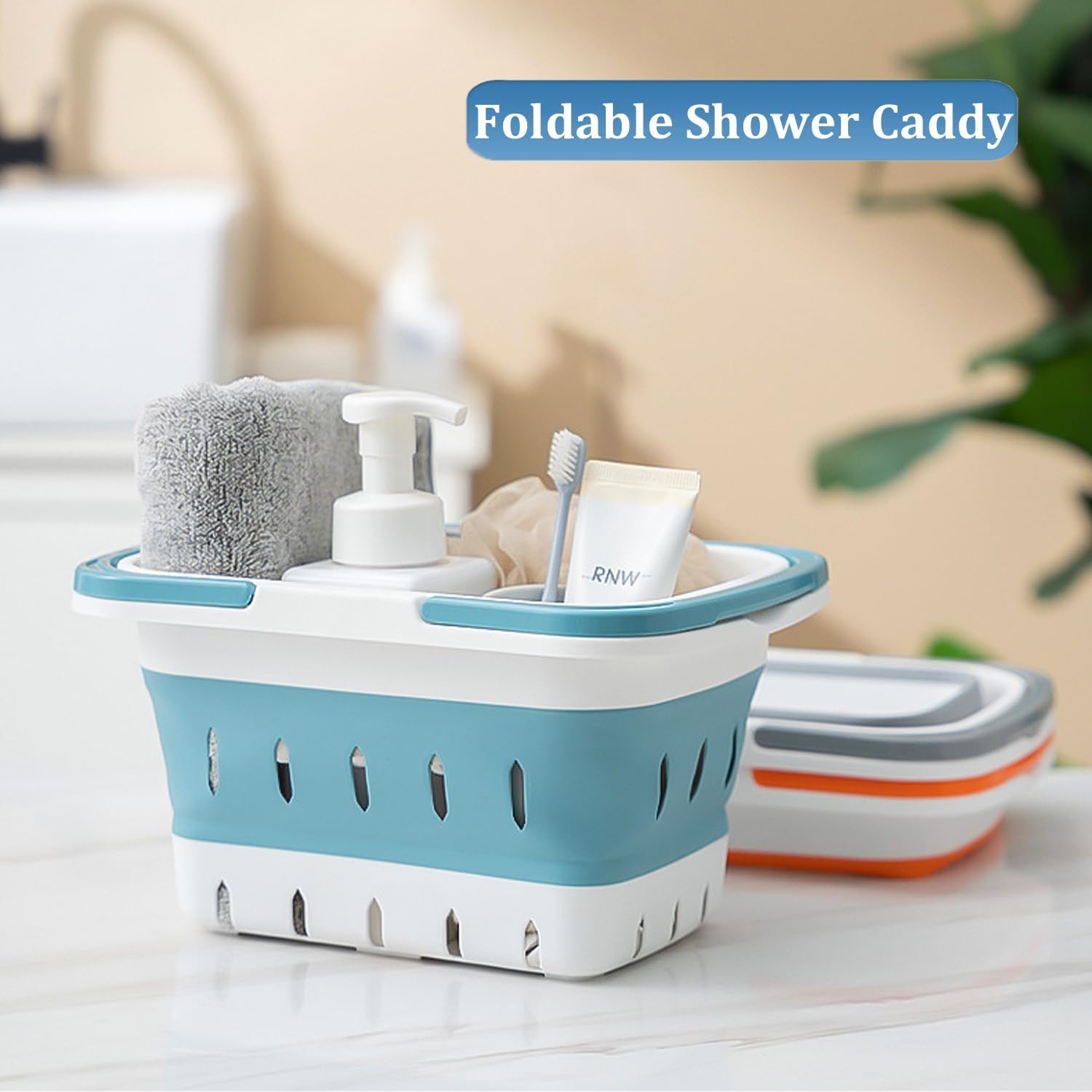 Haundry Foldable Shower Caddy Basket with Handles - Blue