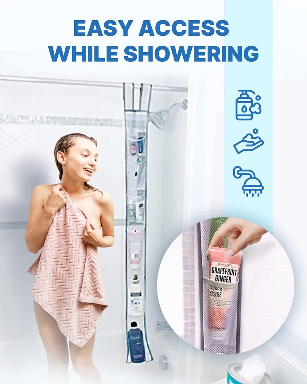 Skywin TidyFriend Shower Liner with 7 Pockets - 57 x 6 Inches