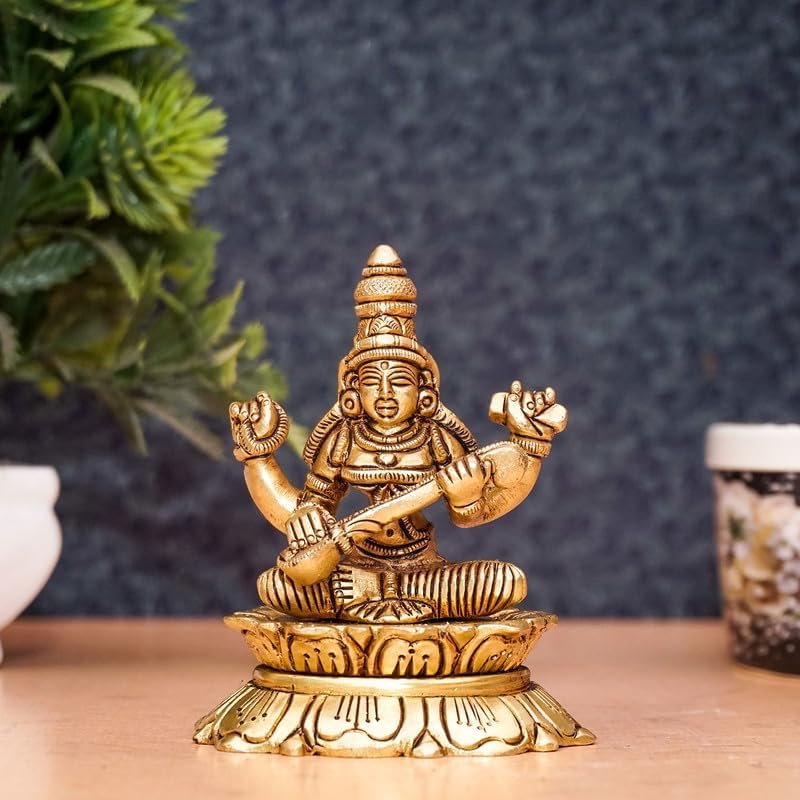 Statuestudio Brass Saraswati Idol Statue - 3 Inch