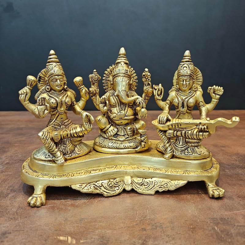 Statuestudio Brass Ganesha Lakshmi Saraswati Statue Set 1