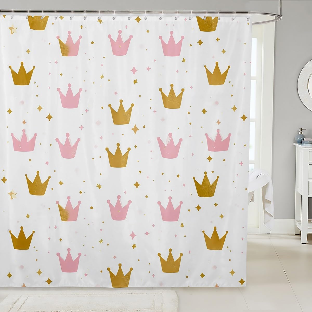 Erosebridal 72x72 Golden Pink Crown Print Shower Curtain Set with 19 Hooks