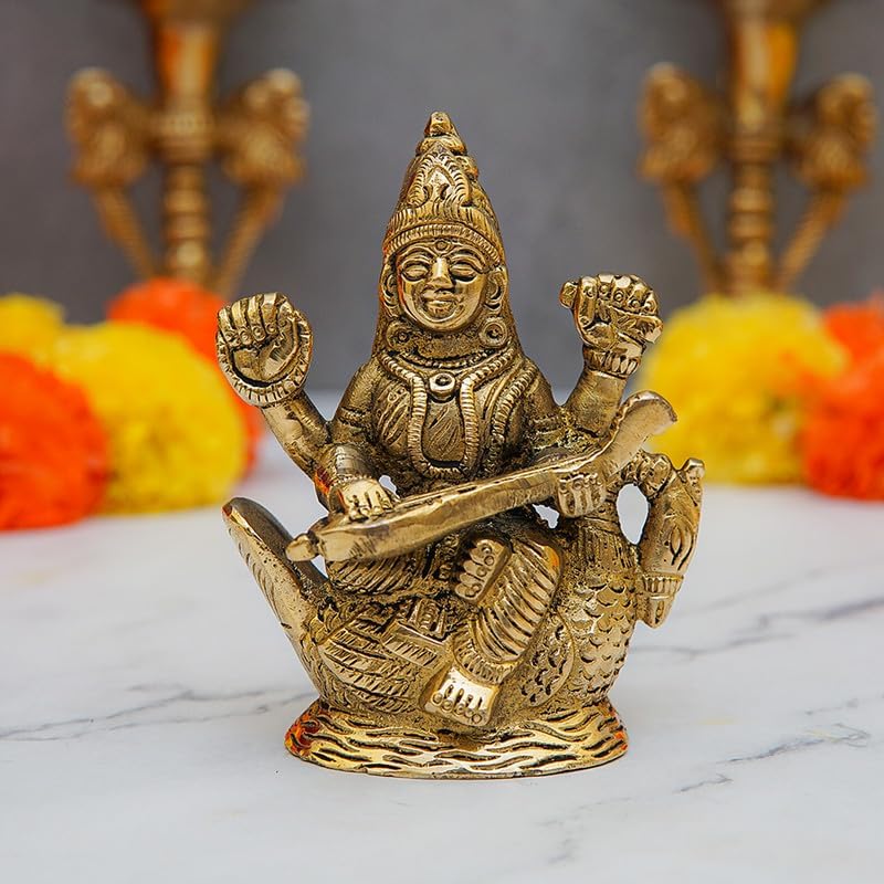 Statuestudio Brass Sitting Saraswati Statue - 4 Inch