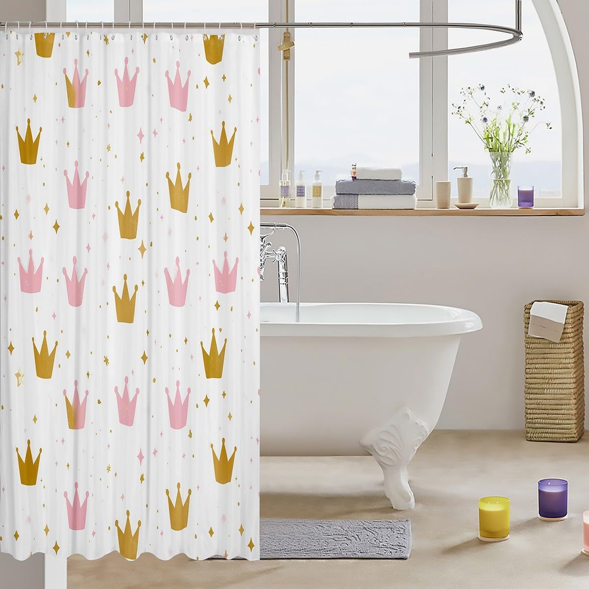 Erosebridal 72x72 Golden Pink Crown Print Shower Curtain Set with 19 Hooks