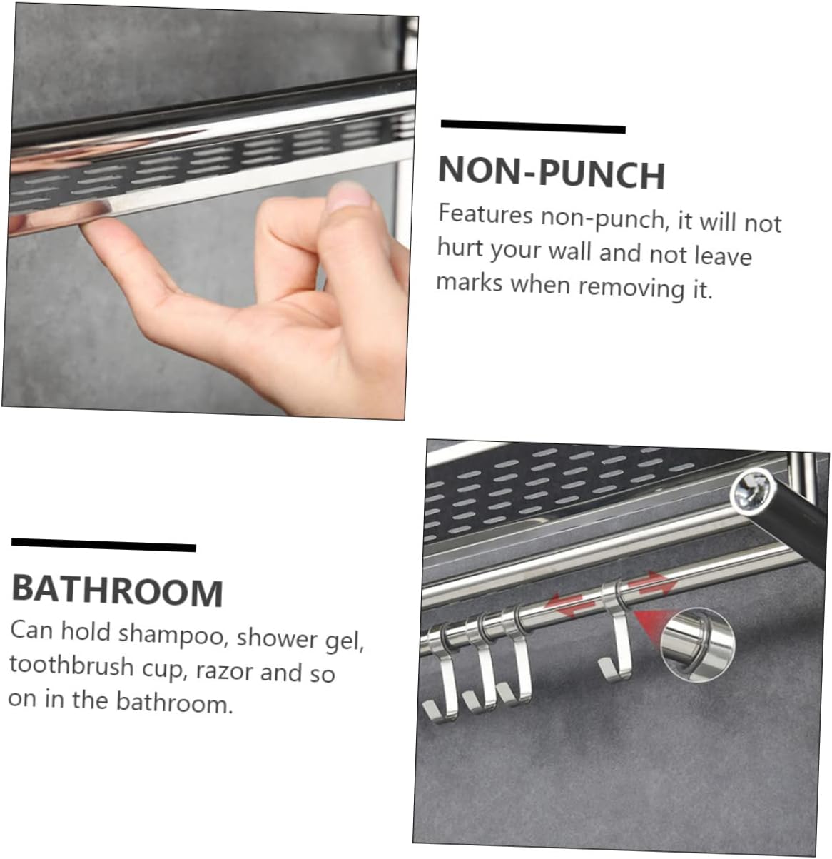 COOLHIYA Toilet Bathroom Storage Rack Non-punch Movable Hook Shampoo Holder