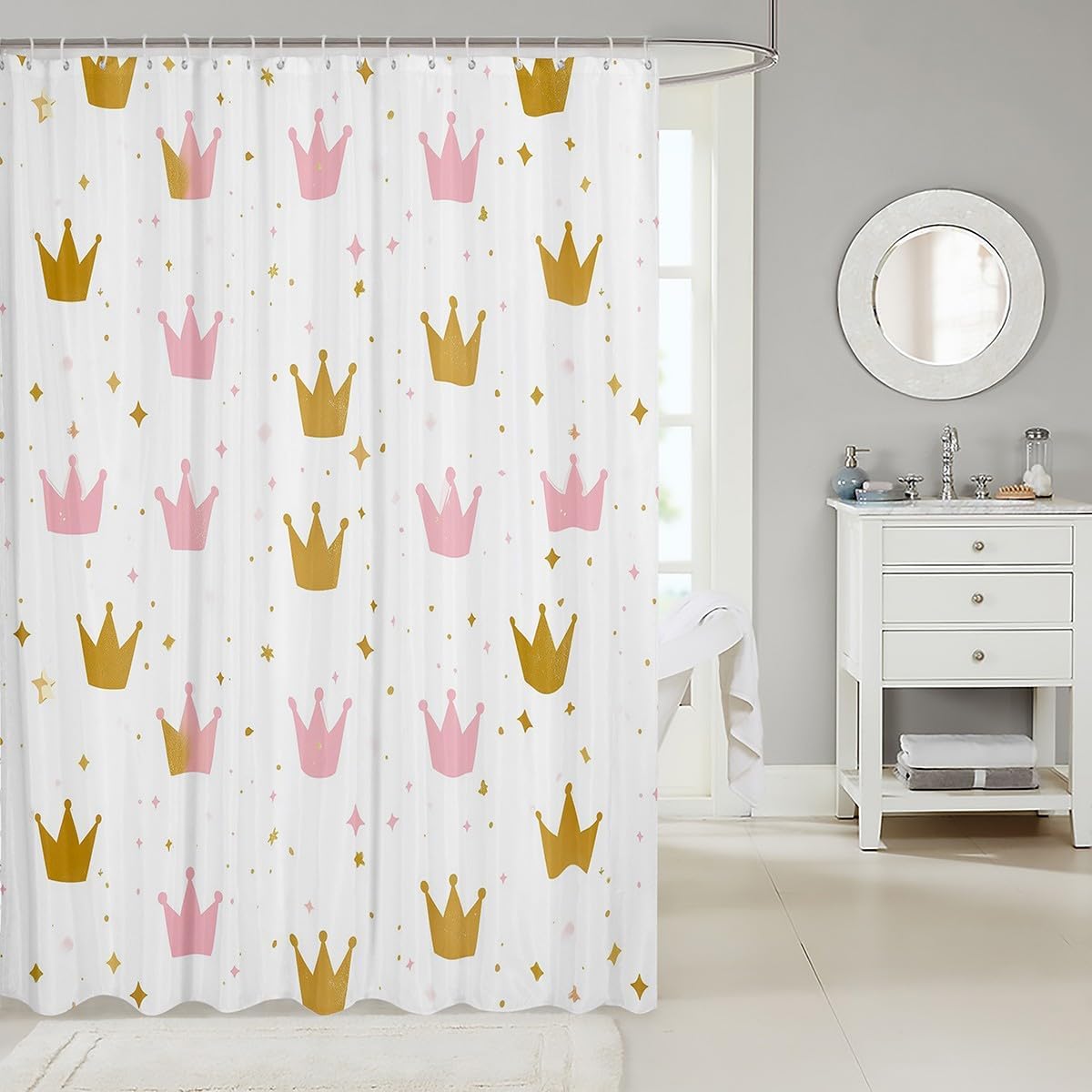 Erosebridal 72x72 Golden Pink Crown Print Shower Curtain Set with 19 Hooks