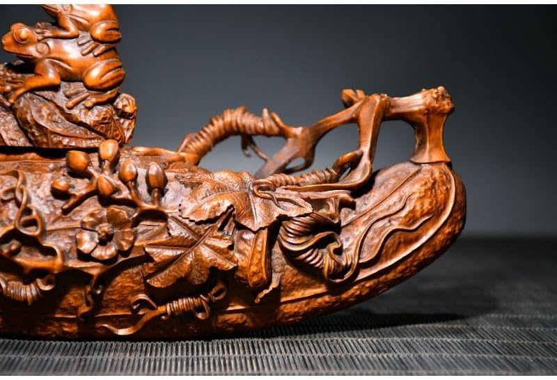 Handcrafted Boxwood Frog Statue with Pumpkin Handle