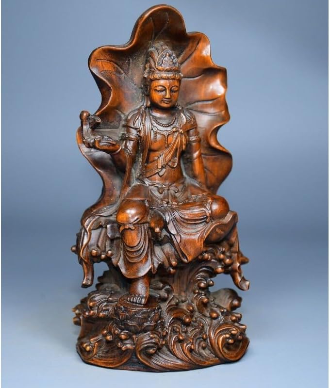 Handcrafted Boxwood Avalokitesvara Statue with Lotus Leaf