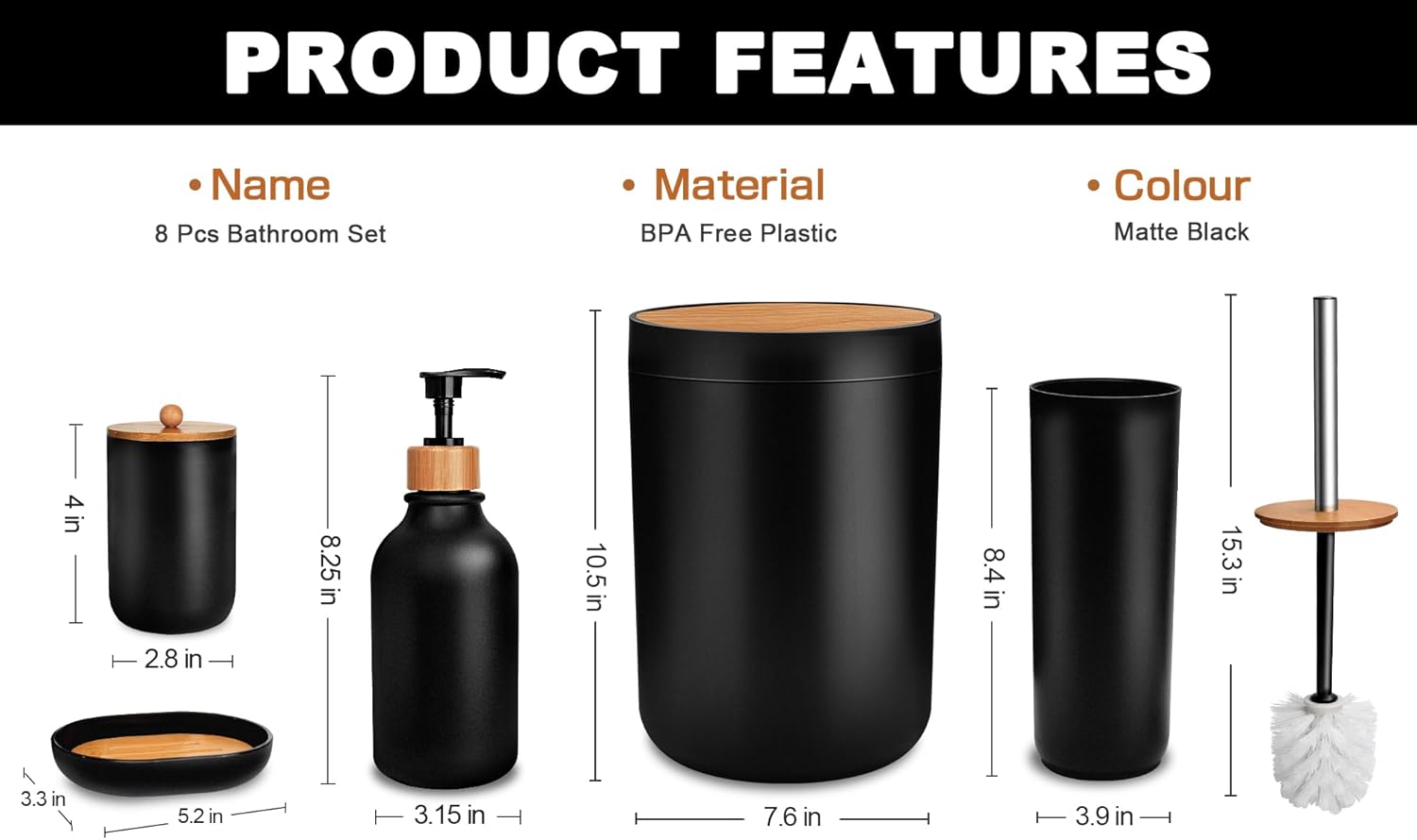 Kasunting 8-Piece Matte Black Bathroom Accessory Set 1