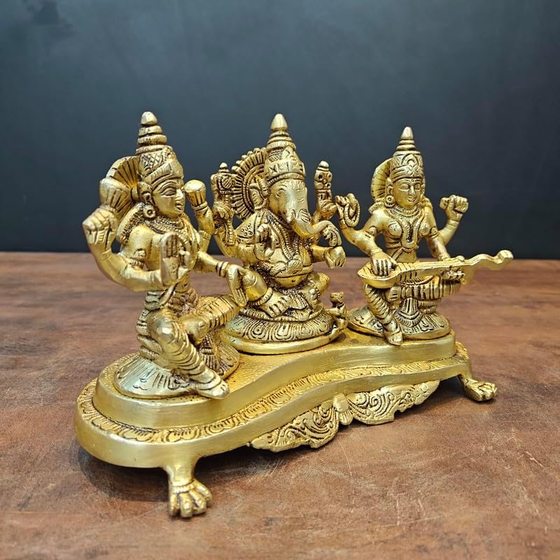 Statuestudio Brass Ganesha Lakshmi Saraswati Statue Set 1