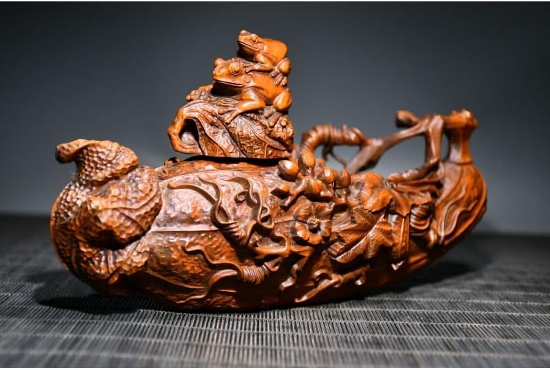 Handcrafted Boxwood Frog Statue with Pumpkin Handle