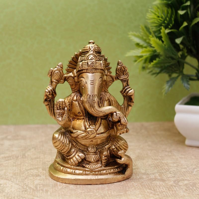 Statuestudio Brass Ganesha Idol Decor Golden Finish Statue