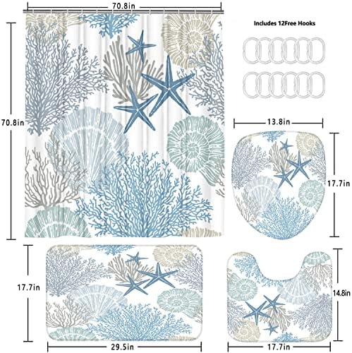 Nkzply 4 Pcs Beach Shower Curtain Bathroom Set