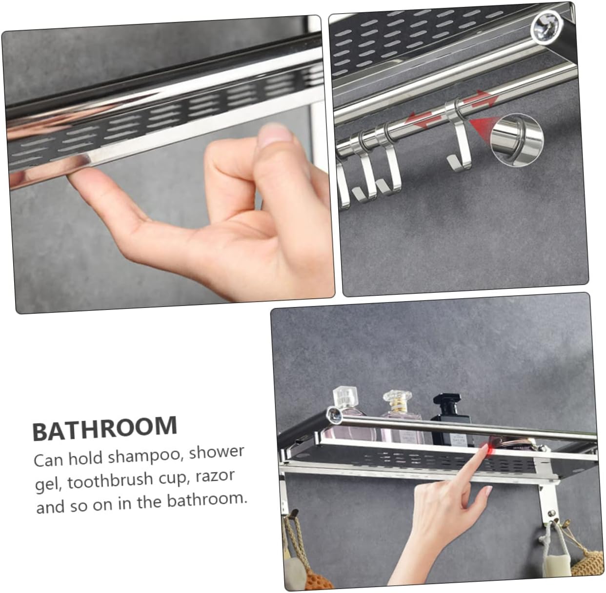 COOLHIYA Toilet Bathroom Storage Rack Non-punch Movable Hook Shampoo Holder