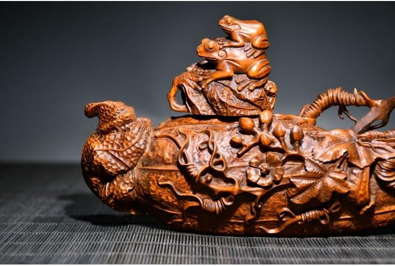 Handcrafted Boxwood Frog Statue with Pumpkin Handle