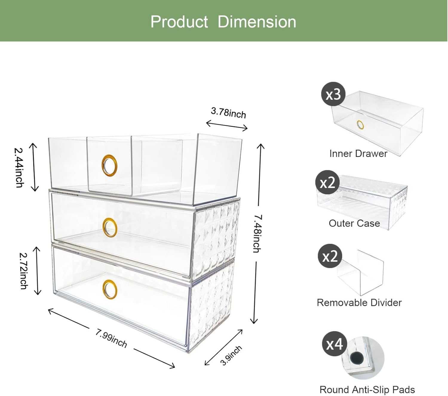 Zemalun 39 Inch Narrow Medicine Cabinet Organizer 3-Tier Stackable with Adjustable Drawers