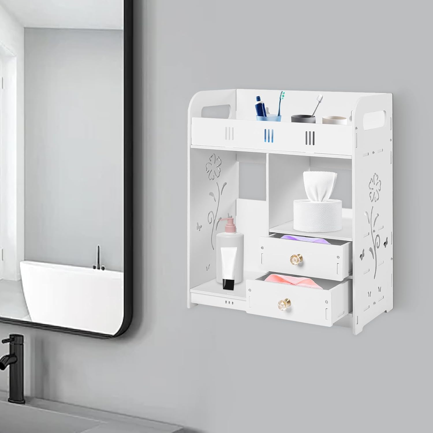 CAIHAOA Bathroom Wall Mount Cabinet with 2 Drawers and 2 Storage Areas