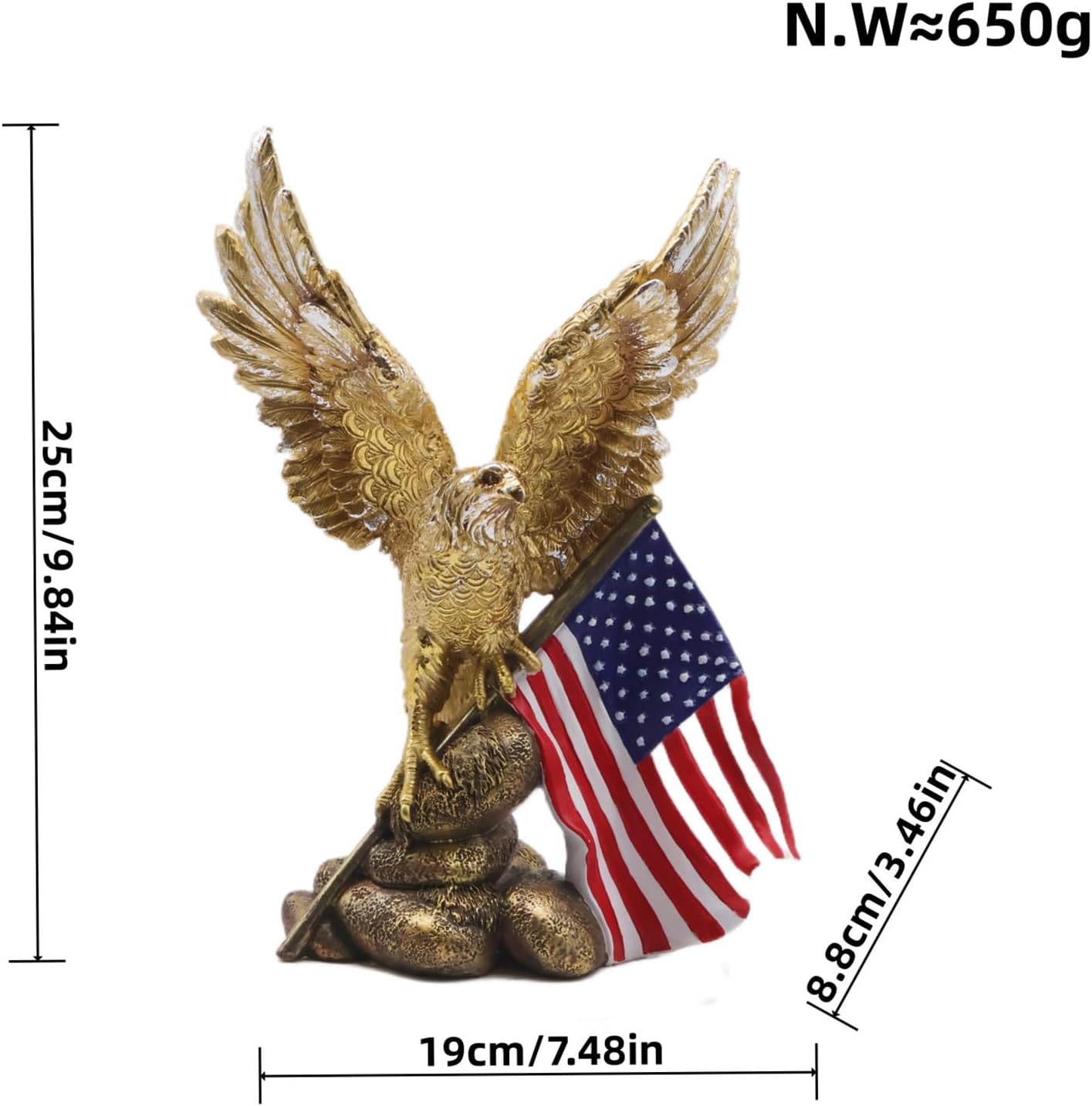 Patriotic Bald Eagle Figurine with Flag Gold Resin Statue