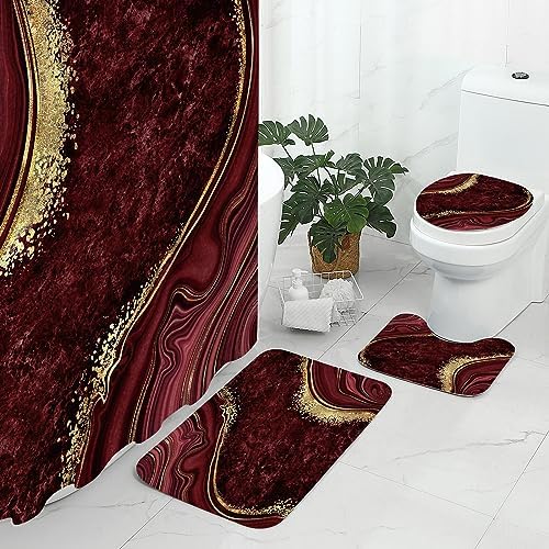 Gibelle 4 Pcs Luxury Marble Shower Curtain Set with Non-Slip Rugs