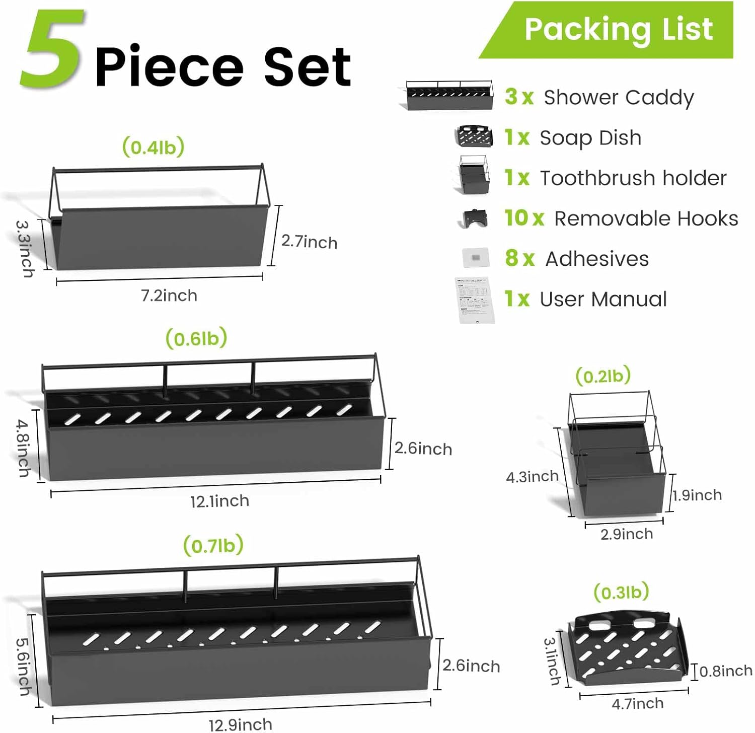LUXEAR 5 Pack Adhesive Shower Caddy Organizer