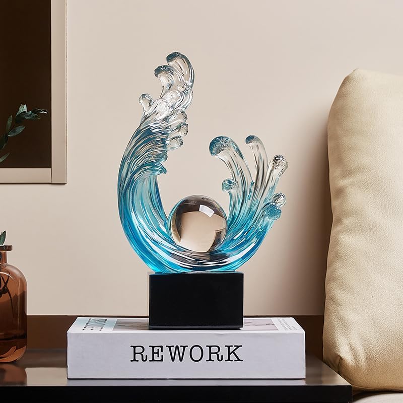 Modern Abstract Wave Sculpture with Crystal Orb Light-Blue