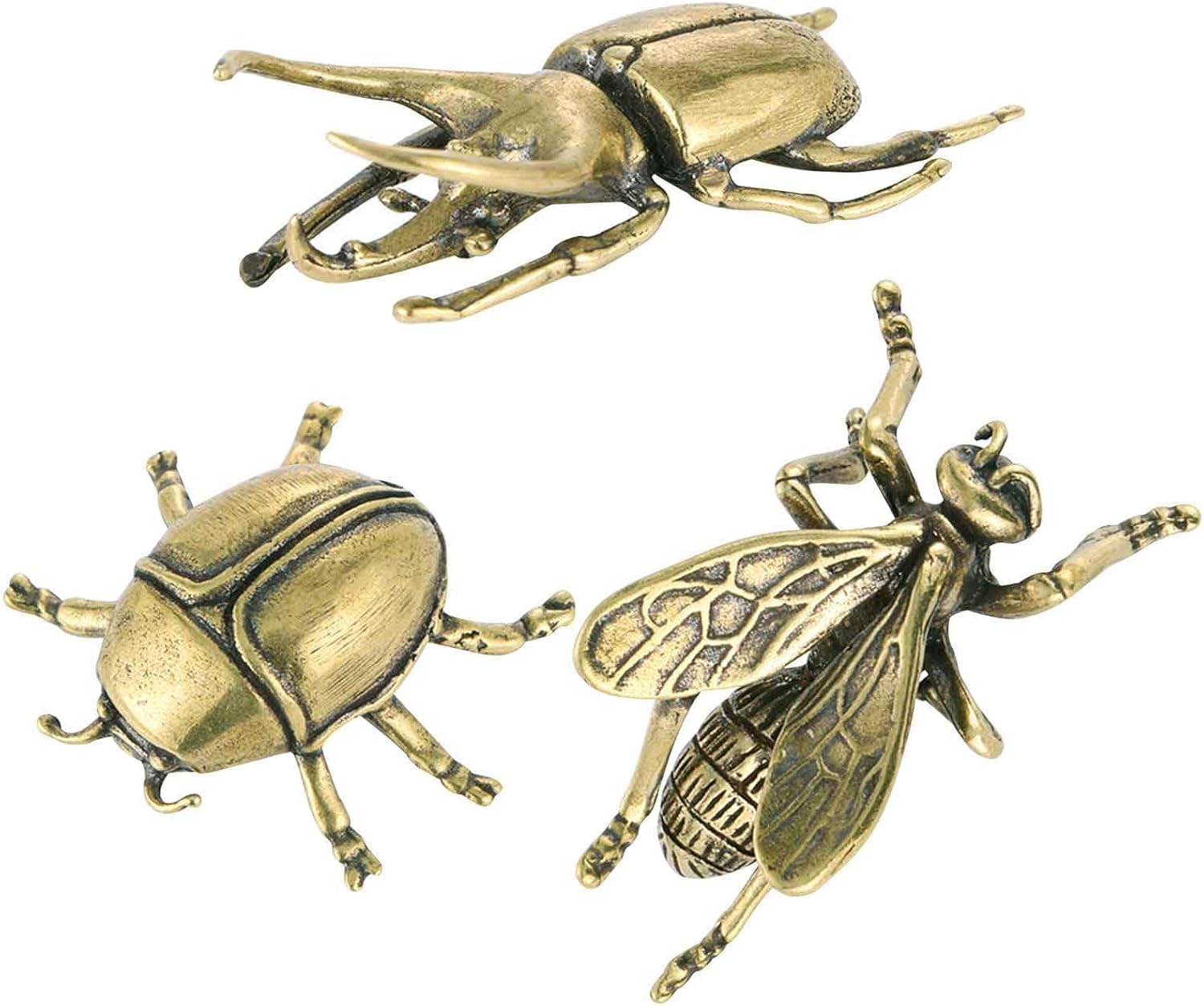 SnowOwl Brass Insect Figurine Set 3PC Gold Beetle Bee Decor