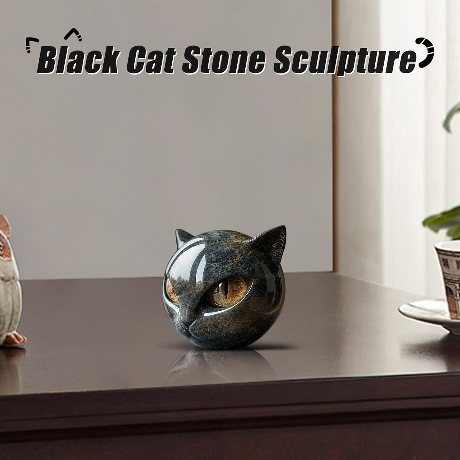 Luxury Black Cat Stone Sculpture Elegant Home Decor Art Piece