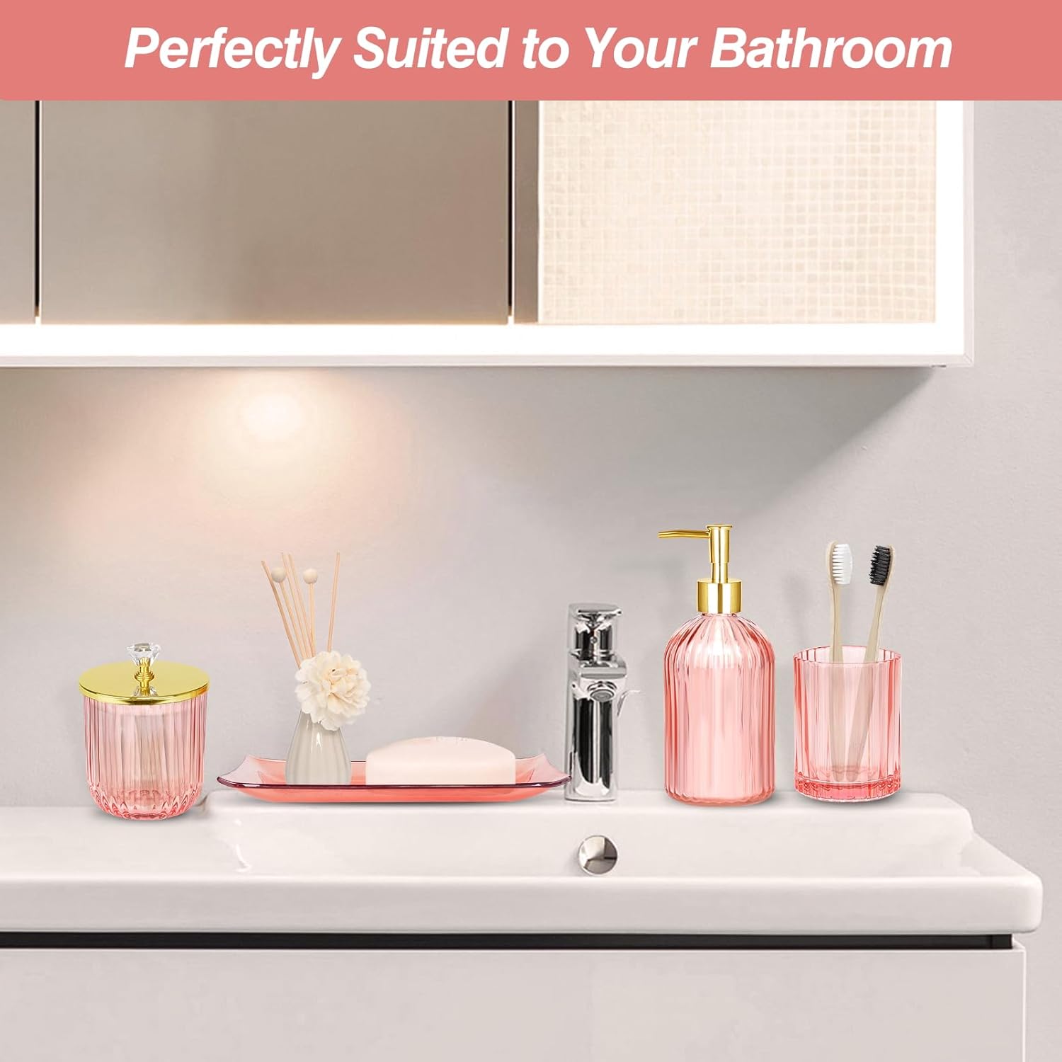JUPELI 4-Piece Pink Glass Bathroom Accessories Set