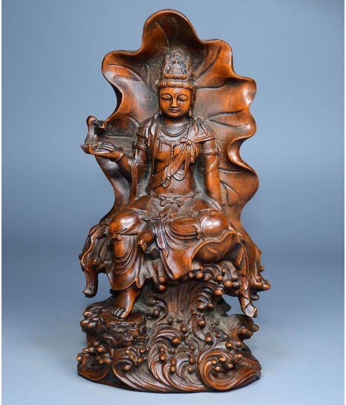 Handcrafted Boxwood Avalokitesvara Statue with Lotus Leaf