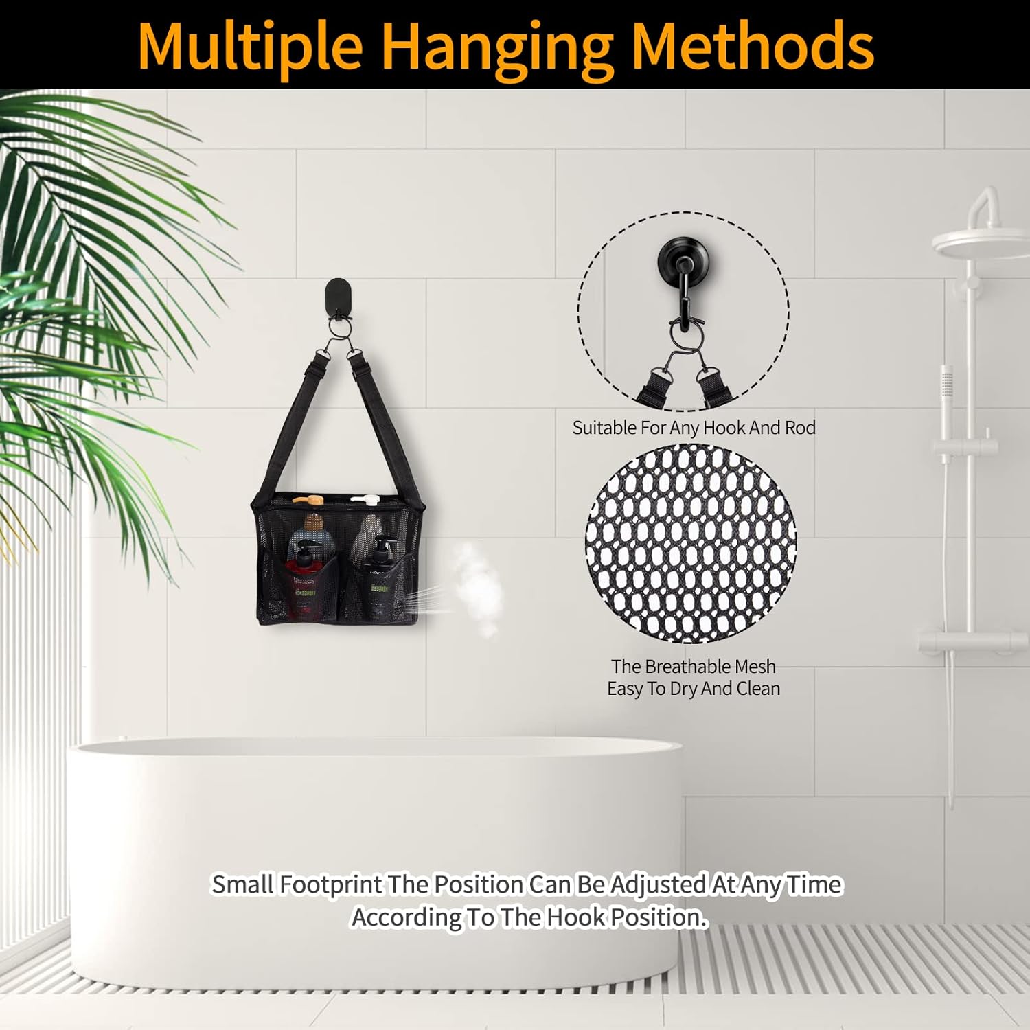 4 Storage Pockets Adjustable Hanging Mesh Shower Caddy Black