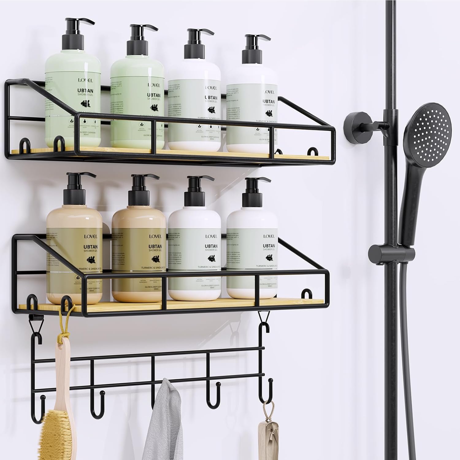Edergoo Shower Caddy 2 Pack with Hooks and Bamboo Design