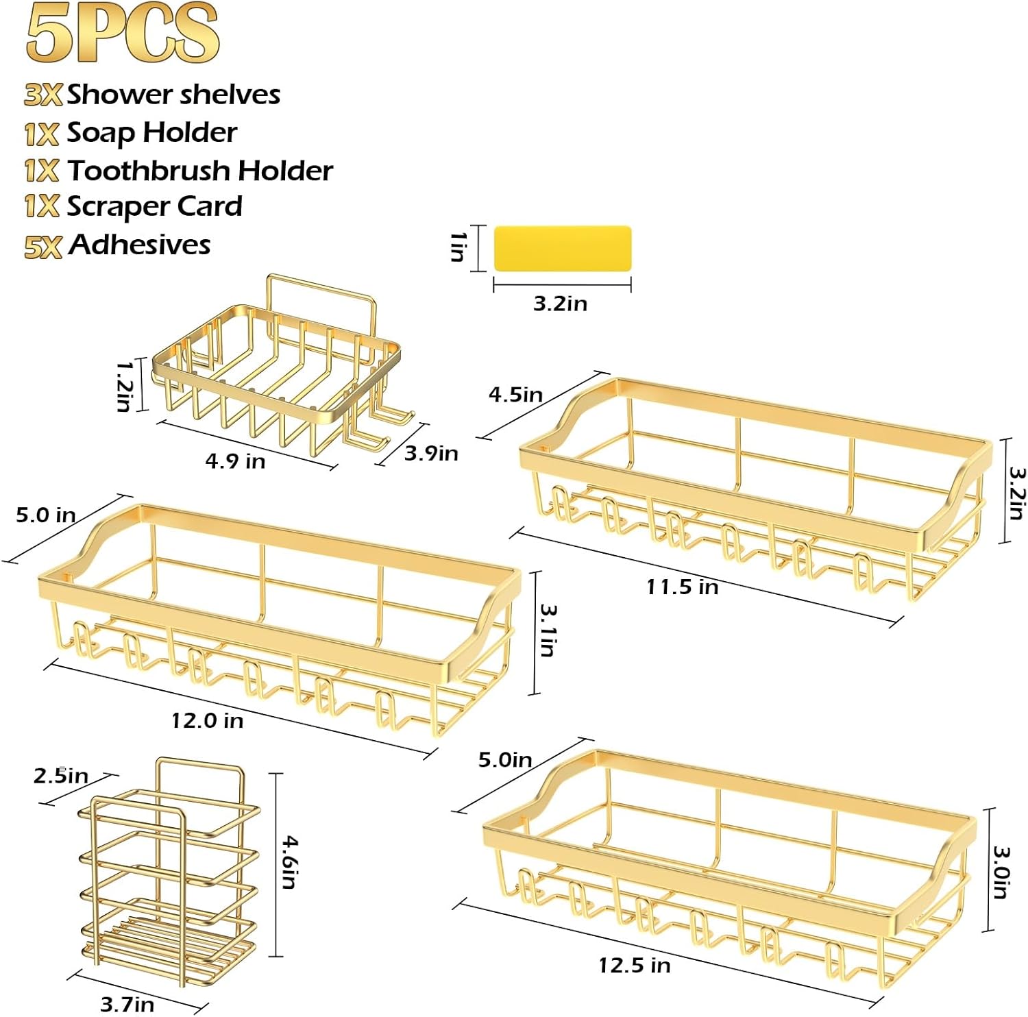 5 Pack Adhesive Shower Caddy with Gold Finish