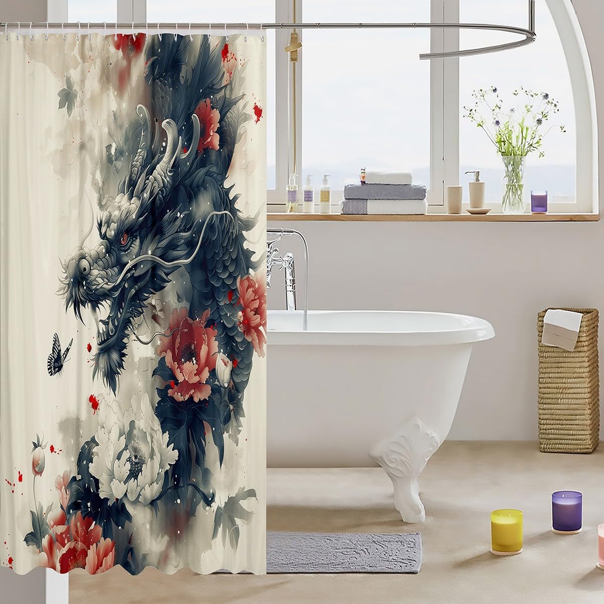 Erosebridal Floral Dragon Shower Curtain Set