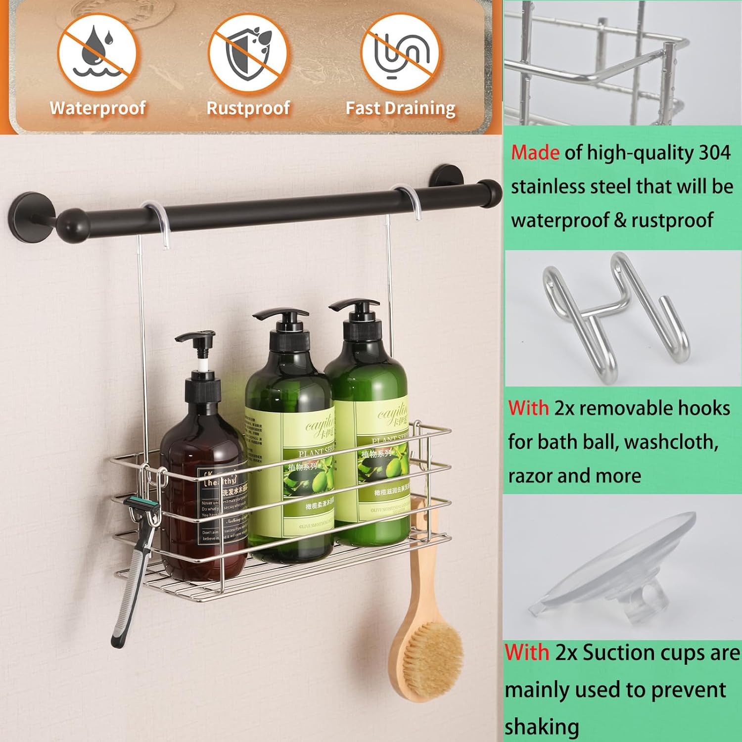 Seltomer 360 Swivel Shower Caddy with Hooks and Large Basket