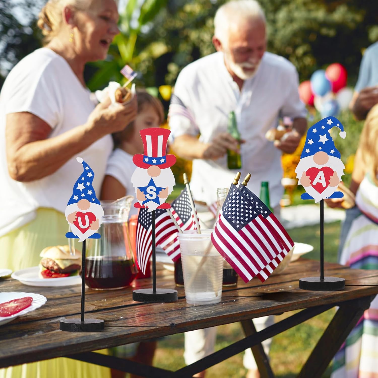 RoseCraft Patriotic Gnome Decorations RedWhiteBlue
