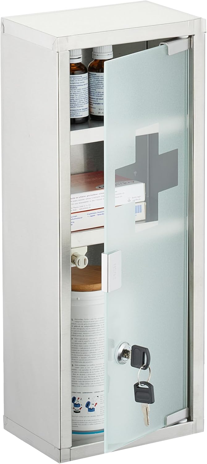 Relaxdays Medicine Cabinet - 3 Compartments Lockable Stainless Steel