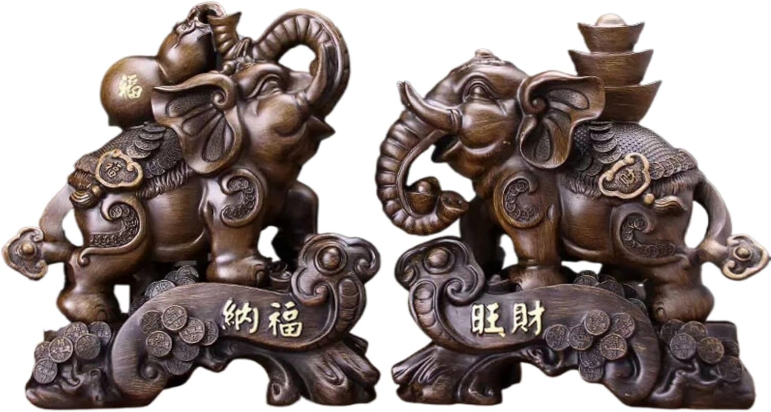 Feng Shui Wealth Elephant Sculpture - Resin and Wood Finish Pair