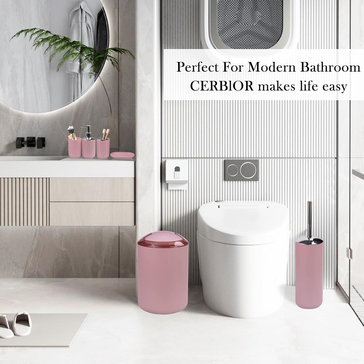 CERBIOR 6-Piece Bathroom Accessory Set Blush Pink 1