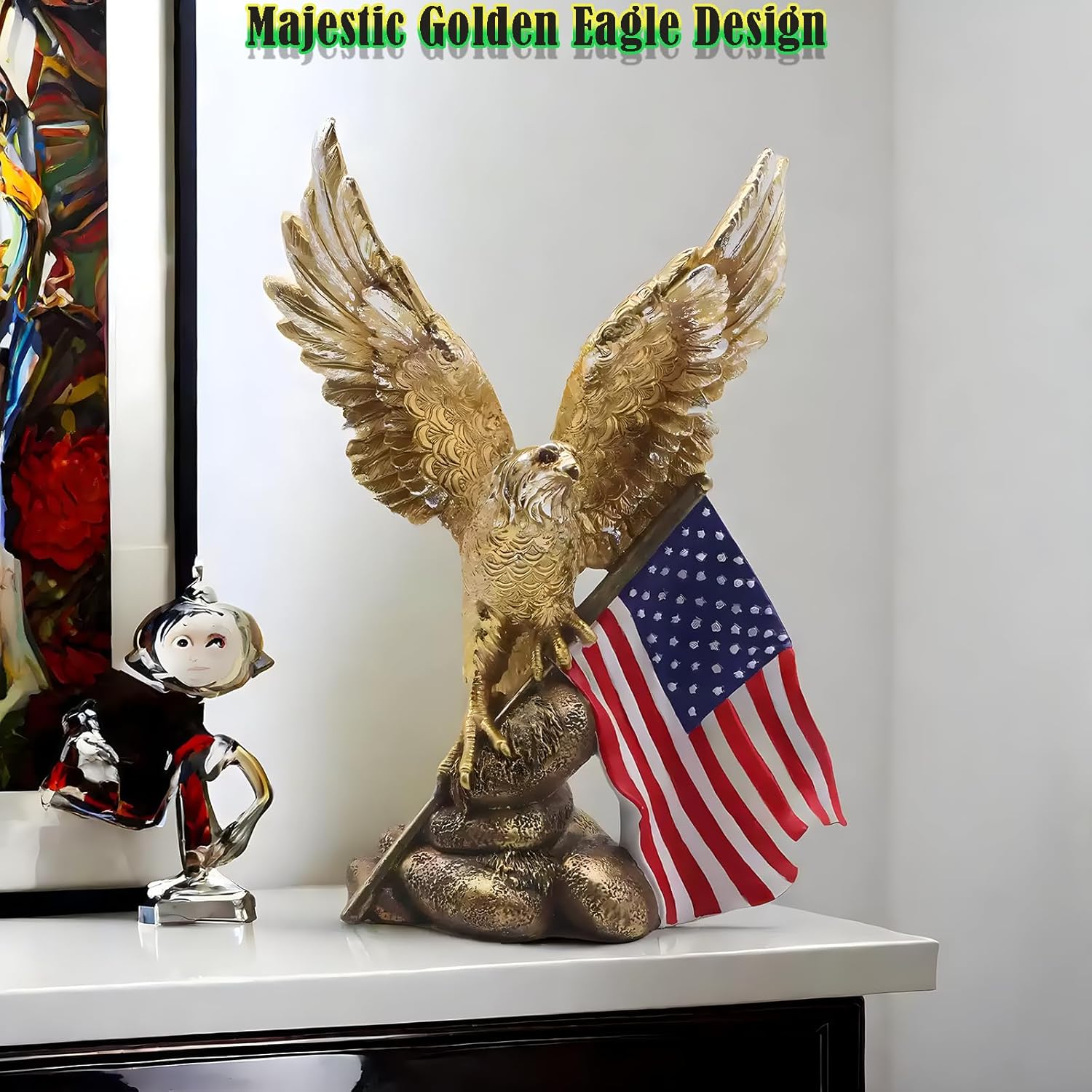 Patriotic Bald Eagle Figurine with Flag Gold Resin Statue