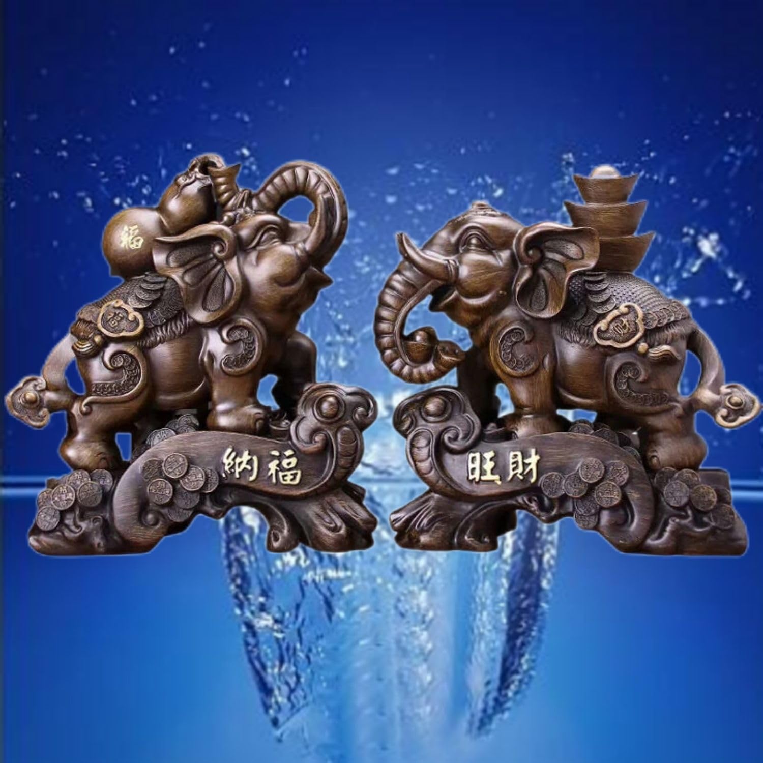 Feng Shui Wealth Elephant Sculpture - Resin and Wood Finish Pair