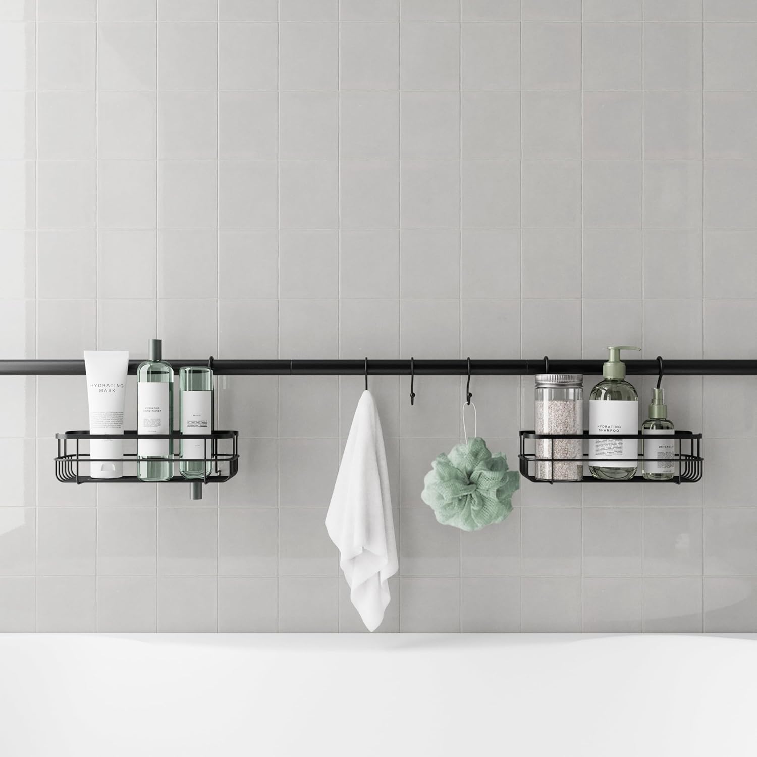 Zenna Home Matte Black Shower Caddy with 2 Baskets and 3 Hooks
