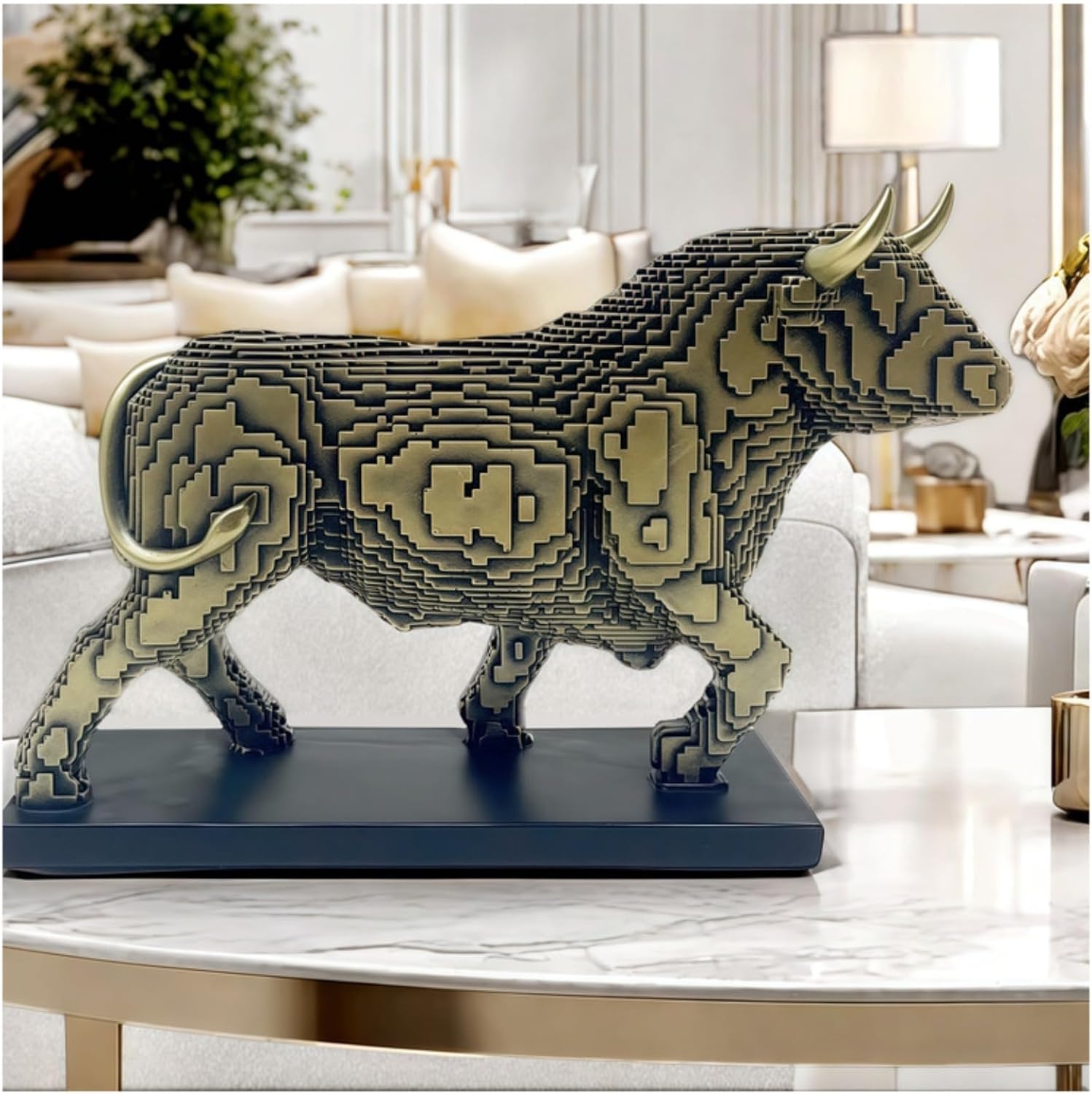 Pixelated Bull Sculpture Statue Living Room Decor