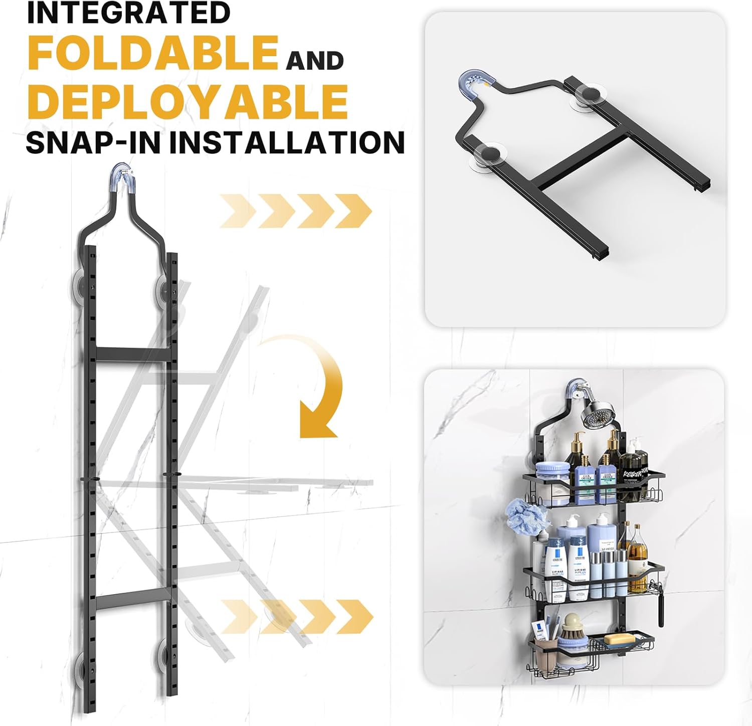 Foldable Shower Caddy - 3 Tier Adjustable No Drilling