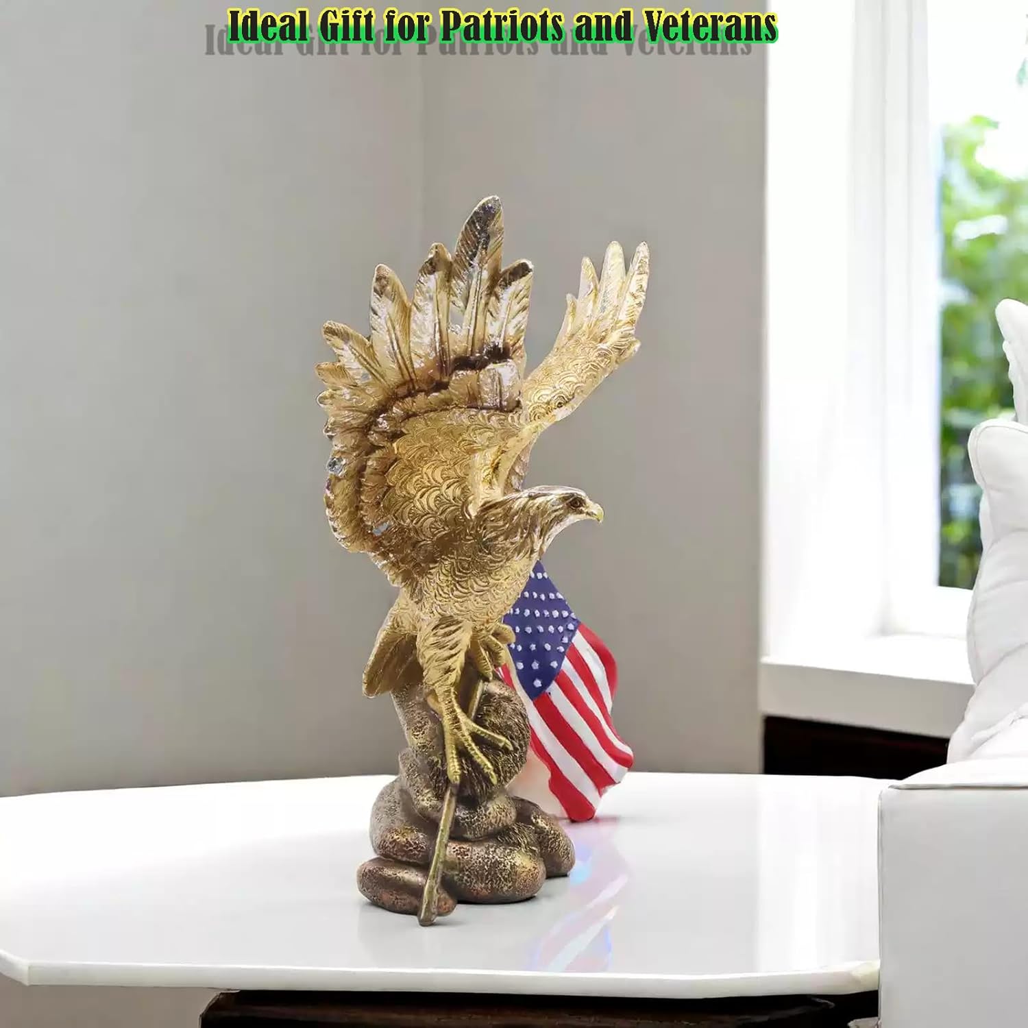 Patriotic Bald Eagle Figurine with Flag Gold Resin Statue