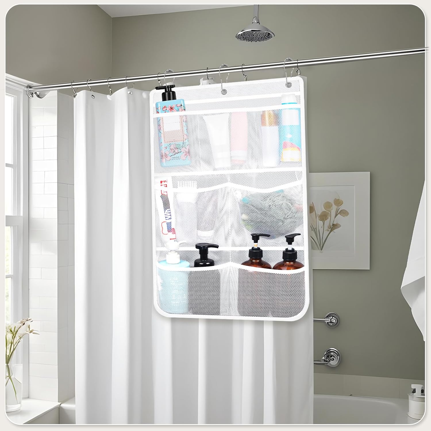 2 Pack Mesh Shower Caddy with 7 Pockets and Metal Hooks